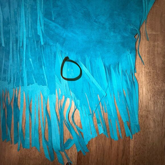 Vintage Western Teal Blue Suede Leather Fringe Shawl Cape Poncho Rodeo Hand made - Picture 16 of 16